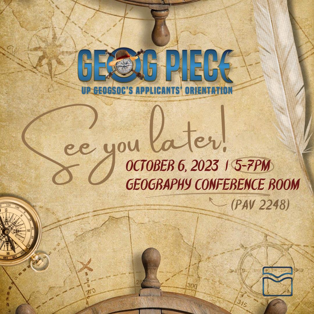 GeogSocUP's tweet photo. READY TO SET SAIL FUTURE CREW MATES! βπ΄ββ οΈ
We want to remind everyone that the GEOG PIECE: UP GeogSoc's Apps' Orye will happen TODAY at 5 pm in the Geography Conference Room (PAV 2248)! πβ΄οΈπ§
See you later future crew mates!
#GeogPiece
#KulayanNatinAngMundo
#PadayonGeografia https://t.co/WdO7zYb1KK