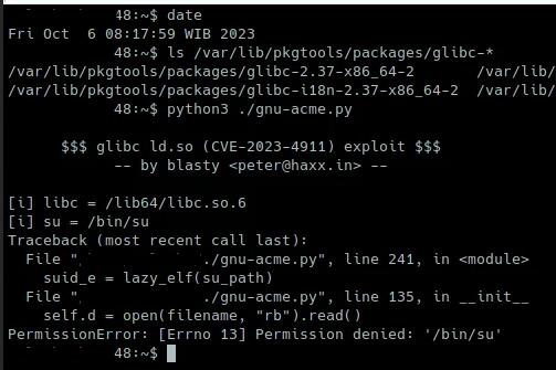 samw41l's tweet image. #slackware current with #glibc 2.37.2 turns out not vulnerable(?). I&apos;d also change the &apos;su&apos; target with some other setuid executable, same result. Maybe the mem addr range diffs?