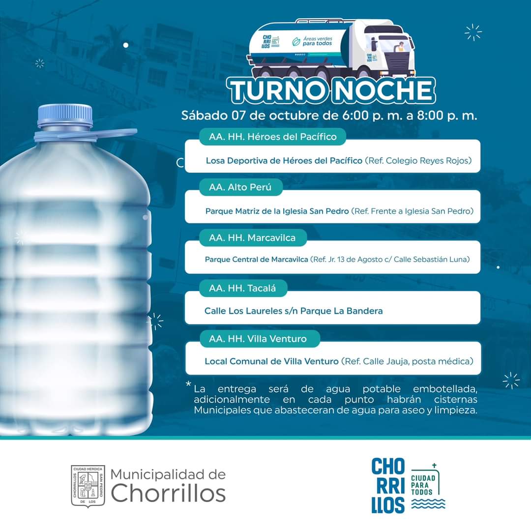 GIANCARLO_ANDIA's tweet photo. En #Chorrillos se han dispuesto 15 puntos de abastecimiento de agua, en tres turnos (mañana, tarde y noche). Se activan el día sábado, a sabiendas que la necesidad del elemento no solo es el primer día. Estos puntos refuerzan los 5 establecidos por @SedapalOficial #cortedeagua https://t.co/4gtxplQRHK