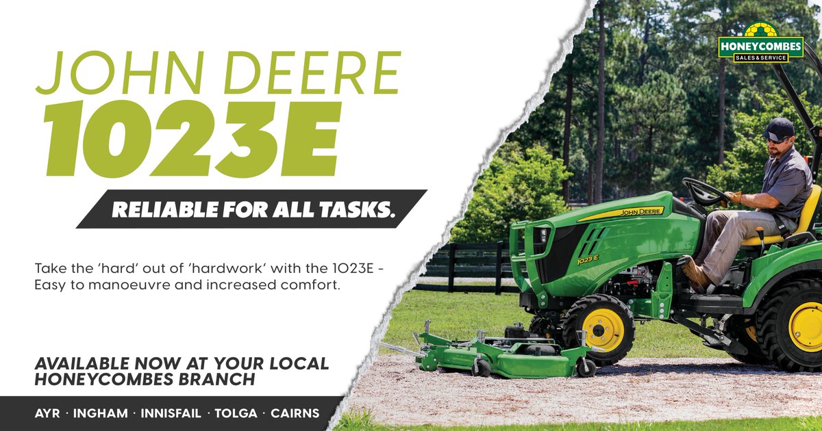 Honeycombes1's tweet image. Say goodbye to hard work - the 1023E turns it into a joyride! 🎉 22hp of power, 4WD, 3-point hitch, and an open operators station for added comfort - Every job becomes light work with the 1023E.

Contact your local Honeycombes dealer today!

#MakeItEasy #HSS #JohnDeere1023E