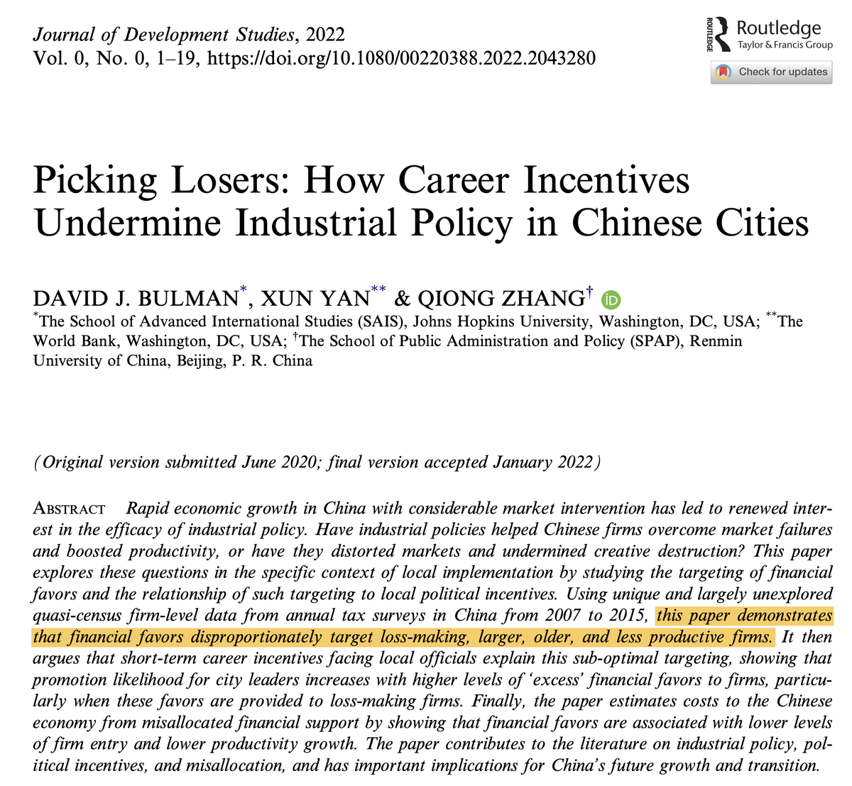 JonathonPSine's tweet photo. Five recent pieces of research looking at the constellation of issues around China's apparent productivity slowdown &amp; underlying causes:

Picking Losers: How Career Incentives Undermine Industrial Policy in Chinese Cities (2022) - David Bulman, Xun Yan, and Qiong Zhang https://t.co/wFIGnBfafi