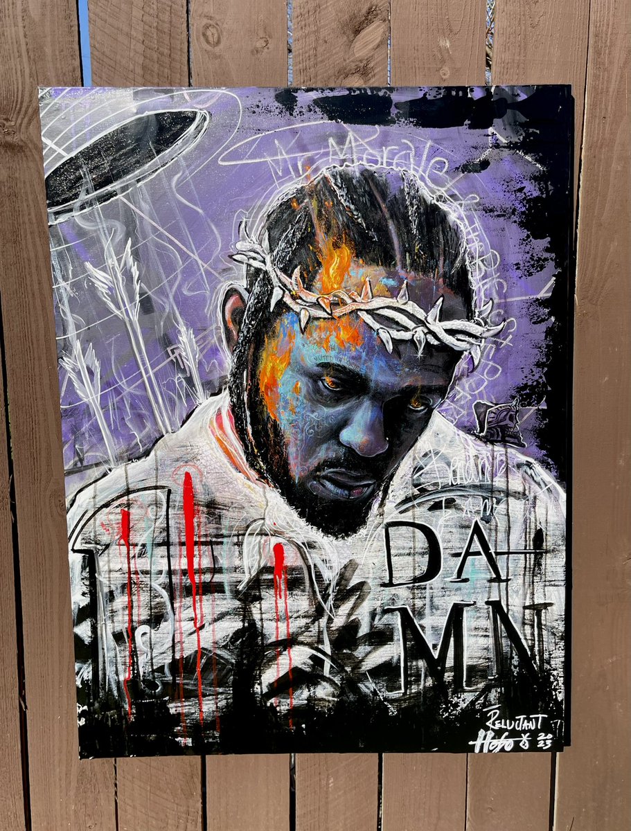 ReluctantHobo's tweet photo. @pgLang yo. I did this painting of @kendricklamar I’m going to ACL tomorrow and I’d love to get this painting to him. Can y’all make that happen? https://t.co/I2Mk58hpJU