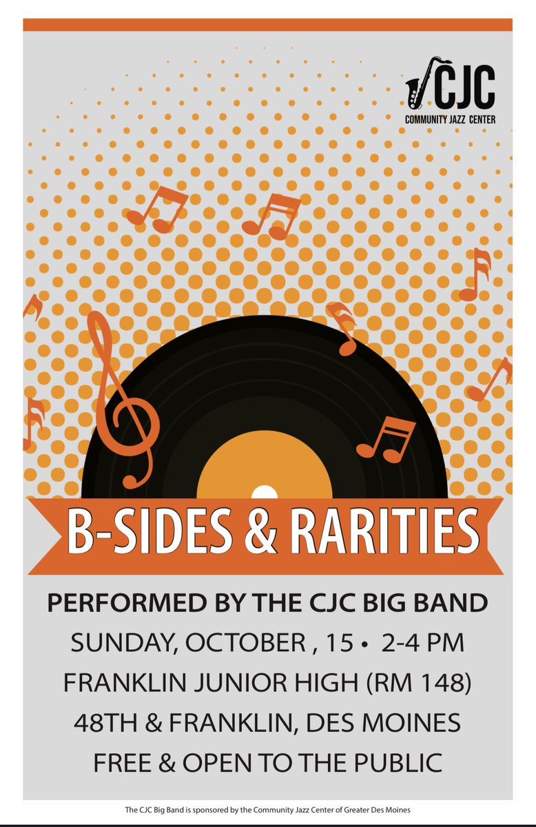 robertgraziano's tweet photo. CJC Big Band is back next Sunday (October 15, 2023) at Franklin Jr High @ 2 PM.
Des Moines Community Jazz Center https://t.co/nOpSMcH28z
