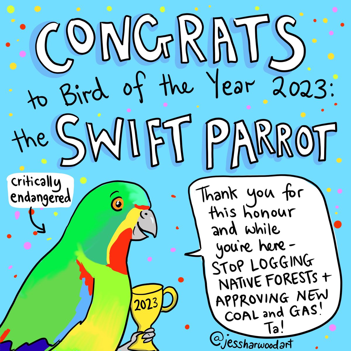 Congrats swifties! The people have spoken in the 2023 @GuardianAus @BirdlifeOz Bird of the Year vote - fraudulent turkeys, birds soaring and diving into the finals, it’s been quite exciting. Please help protect swift parrots - there’s only a few hundred left! #BirdofTheYear
