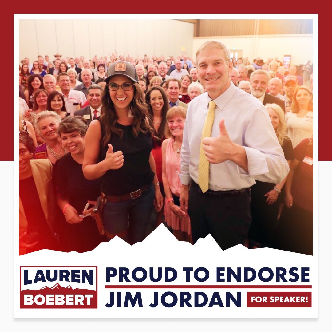 laurenboebert's tweet photo. I'm proud to endorse my friend, @Jim_Jordan, for Speaker of the House! 

Jim is a trusted conservative who I believe will unify our conference, pass individual appropriations bills, secure our borders, put an end to Ukraine funding, and hold the corrupt Biden administration accountable. 

I’m also certain his leadership will help us expand our House majority in 2024 so we can be ready to help implement President Trump’s Agenda 47 on day one. 

There's a lot of work ahead - let's get to it!