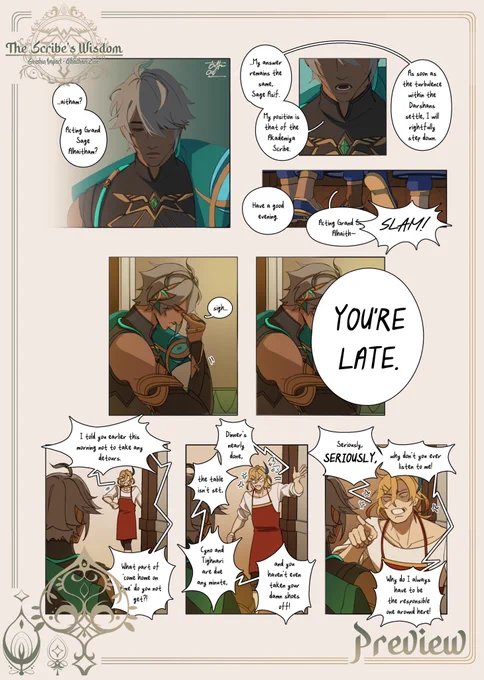 my preview piece for the alhaitham zine!!! it's a five page colored comic about ambition and contentment. includes a bunch of fully colored + rendered illustrations in a few spreads!

please consider buying the zine if you haven't preordered already 💞💞 
#alhaitham #genshin 