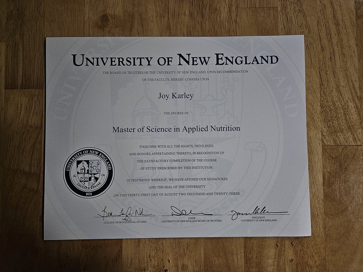 JoyKarley's tweet image. The electronic diploma is nice, but there&apos;s nothing like the actual parchment. Now I have to have it framed with the other two. #MasterofScience #MSAN #AppliedNutrition #UNE #UniversityOfNewEngland #graduate