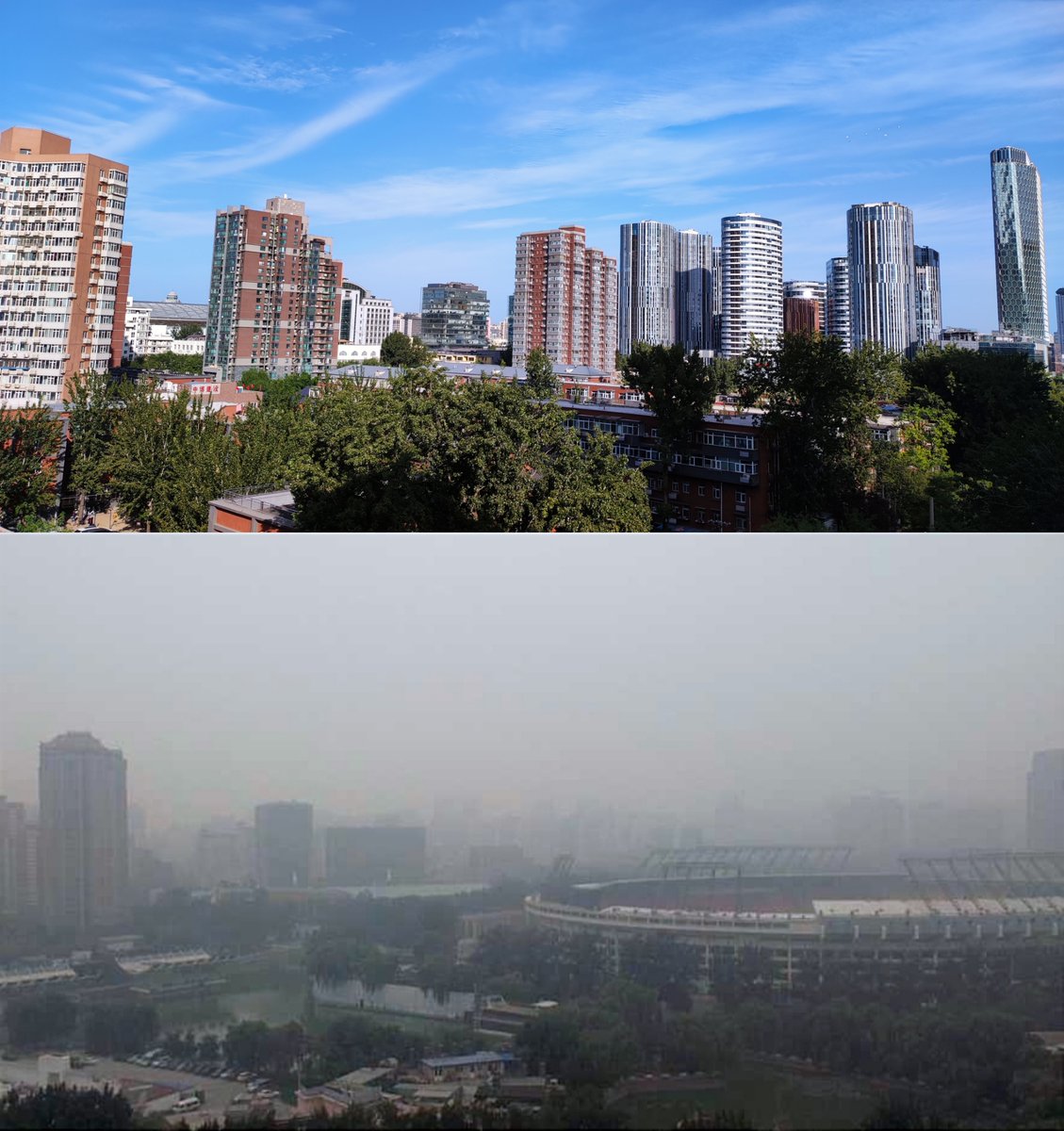 Beijing exactly 10 years apart: today and 6 October 2013.

Vastly improved air quality ranks among the biggest achievements of Beijing.

I remember so many bad pollution spells back in the day whereas blues skies are the norm now.

Both photos from Gongti-Sanlitun.