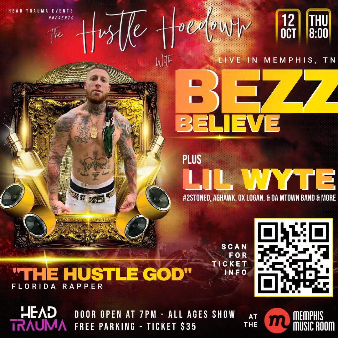 Bezz Believe is co-headling the Hustle Hoedown with Lil Wyte. This Florida rap star is one you do not want to miss. Get your tickets to see the Country Trapper now.

Tickets: headtrauma.events/event/the-hust…

<a href="/bezzbelieveusa/">Bezz Believe</a> #southernrap #memphisevents