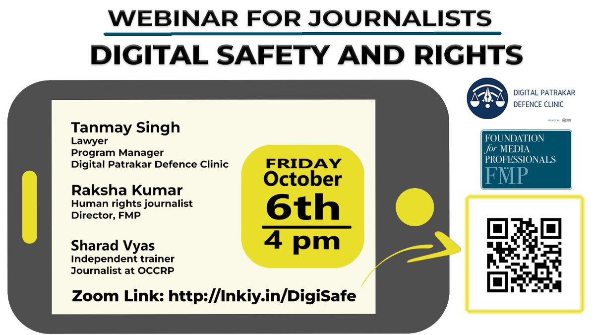 Nitin Sethi (@nit_set) on Twitter photo Today 4 pm. A Quick Response Webinar: Digital Rights and Safety for Journalists.
What to do when they do wrong.
Useful Tips. No theory.
By <a href="/mediatrack_in/">FMP/ Foundation for Media Professionals</a>, <a href="/internetfreedom/">Internet Freedom Foundation (IFF)</a> and <a href="/PatrakarClinic/">Digital Patrakar Defence Clinic (DPDC)</a>
Use link below to join: us06web.zoom.us/j/84712524710?… Today 4 pm. A Quick Response Webinar: Digital Rights and Safety for Journalists.
What to do when they do wrong.
Useful Tips. No theory.
By <a href="/mediatrack_in/">FMP/ Foundation for Media Professionals</a>, <a href="/internetfreedom/">Internet Freedom Foundation (IFF)</a> and <a href="/PatrakarClinic/">Digital Patrakar Defence Clinic (DPDC)</a>
Use link below to join: us06web.zoom.us/j/84712524710?…