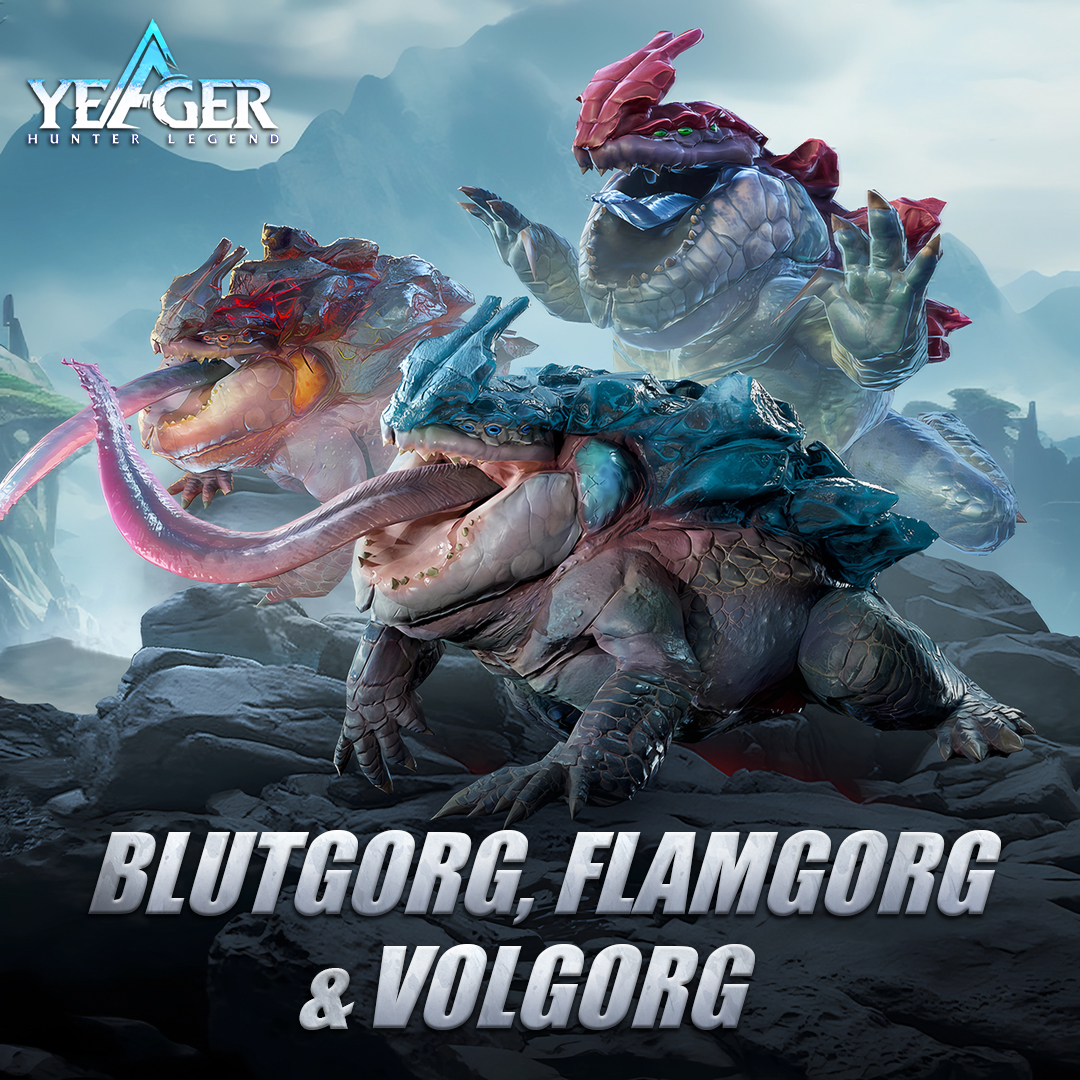 HunterLegend_EN's tweet photo. Slow but bulky, Blutgorg is extremely adaptable!  

Watch out for its subspecies, Flamgorg, which has mastered the use of fire to survive in the scorching hot valley, and Volgorg, who can harness thunder thanks to the Ruin Tundra environment. 🔥⚡

#yeager #monsterhunting https://t.co/l7G8LUKkqT