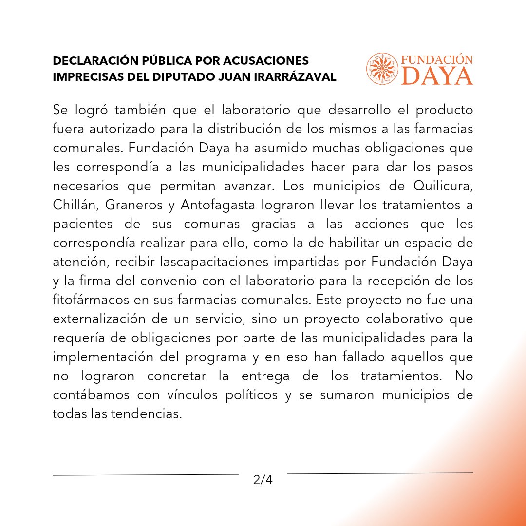 FundacionDaya's tweet photo. Compartimos nuestra declaración ante las injustas e imprecisas acusaciones del Diputado Juan Irarrazaval a Fundación Daya y el proyecto de cannabis medicinal junto a algunos municipios del país https://t.co/sRrPnHsrWP