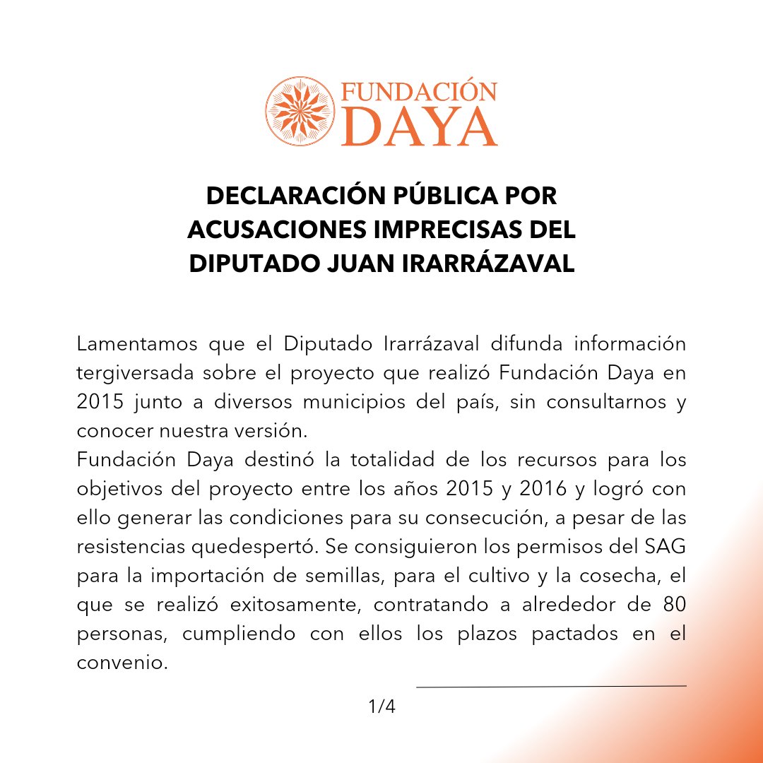 FundacionDaya's tweet photo. Compartimos nuestra declaración ante las injustas e imprecisas acusaciones del Diputado Juan Irarrazaval a Fundación Daya y el proyecto de cannabis medicinal junto a algunos municipios del país https://t.co/sRrPnHsrWP