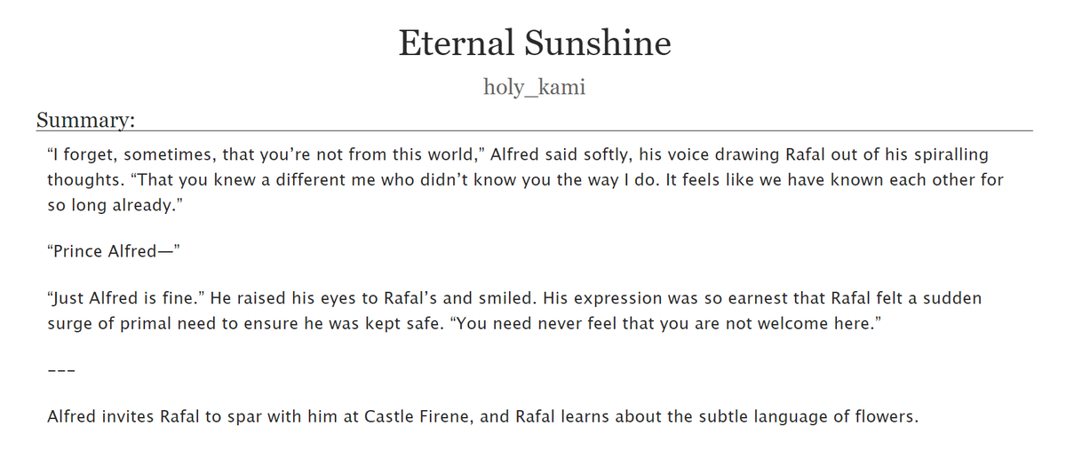 holy_kami's tweet photo. I've had so much on the go that I didn't have time to write anything new, but for #AlfredEngageWeek I thought I would share what I wrote for the Engage Summer Exchange since it fits today's themes.

Eternal Sunshine
Alfred/Nil | Rafal
https://t.co/jgqpCNn13L https://t.co/NOy7pFnl8M
