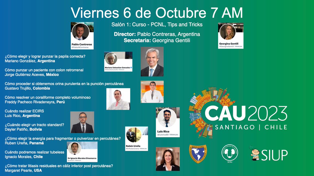 Confederación Americana de Urología (CAU) (@cau_uro) on Twitter photo ¡MAÑANA NO TE LO PIERDAS!
Salón 1: Curso - Cirugía Renal Percutánea, Tips and Tricks
Director: Pablo Contreras, Argentina
Secretaria: Georgina Gentili, Argentina
<a href="/Urolchi/">Sociedad Chilena de Urología</a> ¡MAÑANA NO TE LO PIERDAS!
Salón 1: Curso - Cirugía Renal Percutánea, Tips and Tricks
Director: Pablo Contreras, Argentina
Secretaria: Georgina Gentili, Argentina
<a href="/Urolchi/">Sociedad Chilena de Urología</a>