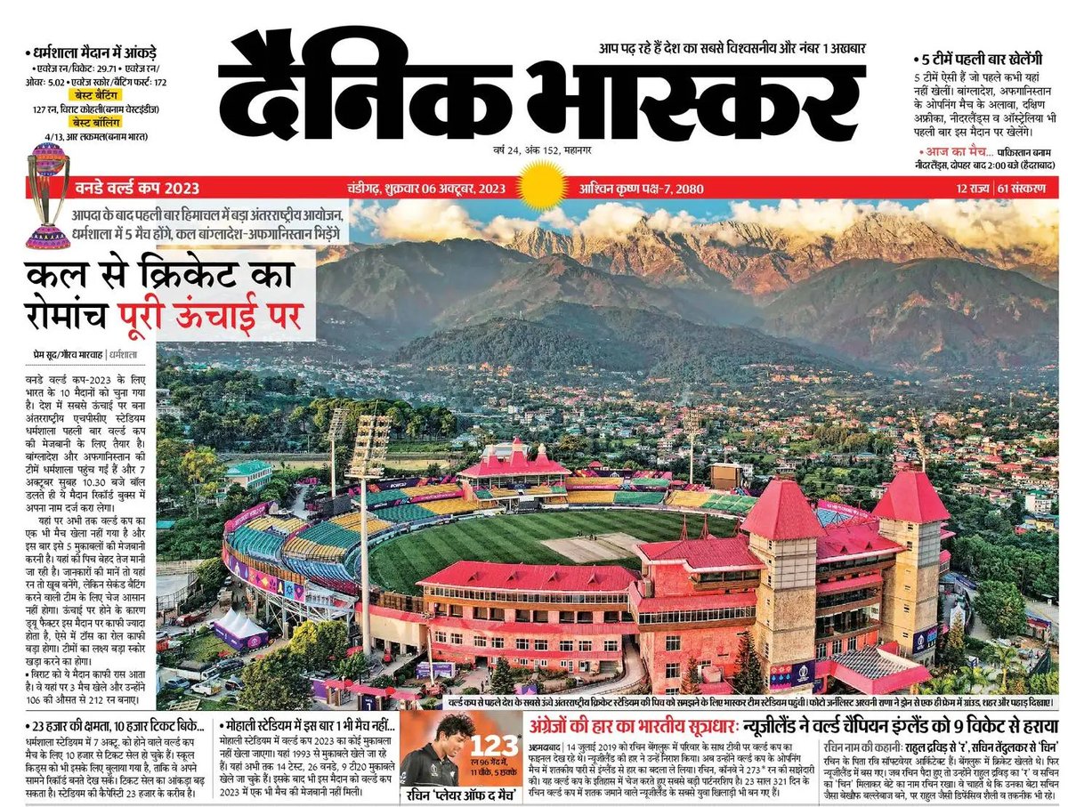 आपदा के बाद हिमाचल में पहला बड़ा अंतरराष्ट्रीय आयोजन : कल से क्रिकेट का रोमांच पूरी ऊंचाई पर , सबसे ऊंचे धर्मशाला स्टेडियम में 5 मैच होंगे
#WorldCup #Dharmshala #Himachal #CricketWorldCup2023 #photo <a href="/SukhuSukhvinder/">Sukhvinder Singh Sukhu</a> <a href="/BCCI/">BCCI</a> <a href="/ianuragthakur/">Anurag Thakur</a> <a href="/JayShah/">Jay Shah</a>