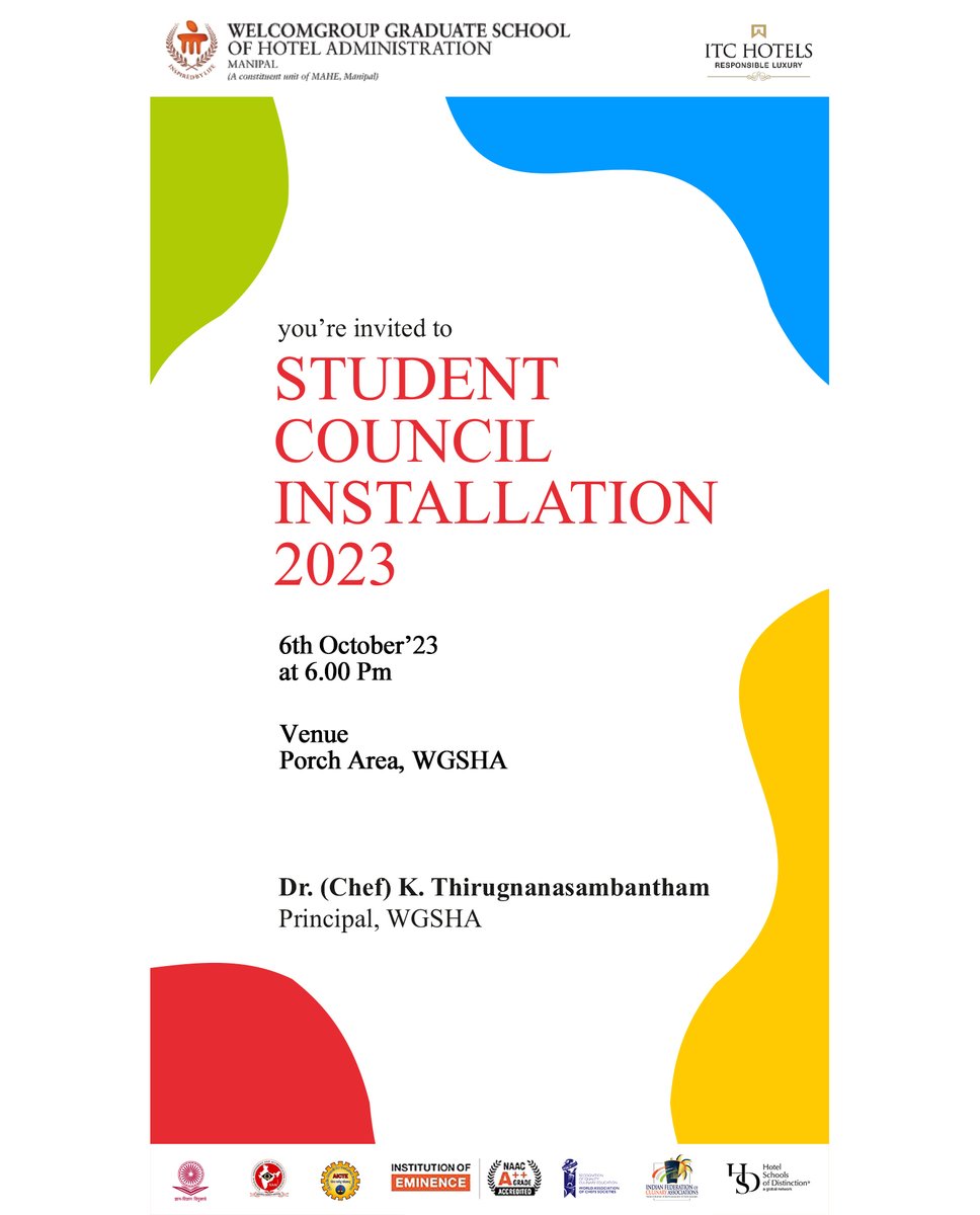 WGSHA is pleased to announce the Student Council Installation ceremony today! Our #StudentCouncil will be leading the way for amazing student-driven activities. 
@thiruchef @mahe_Manipal @ITChotels @ITCCorpCom
#StudentCouncilInstallation #wgshastudentcouncil202334 #wgsha #mahe