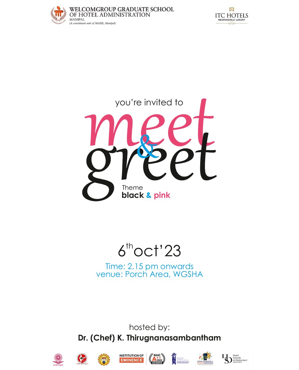 Calling all first-year students at WGSHA! Get ready for an unforgettable Meet and greet event on October 6th, 2023. 
@thiruchef @mahe_Manipal @ITChotels @ITCCorpCom 
#meetandgreet #welcoming #wgshastudents #wgshaboysandgirls #leaders #hospitalityleaders #wgsha #mahe #manipal