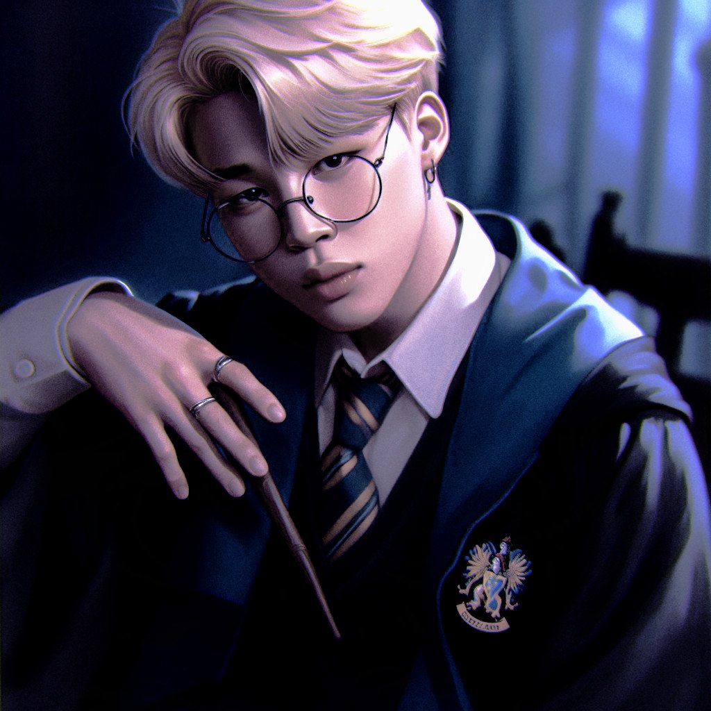 apenas eu sendo o loirinho mais lindo com a roupa da minha casinha Corvinal. ☝🏻🐦🤍