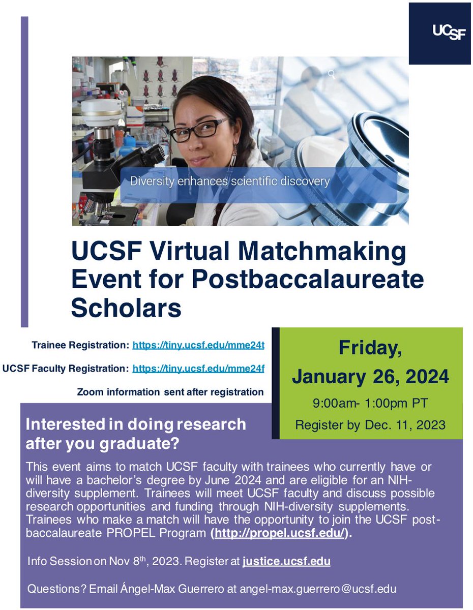 First, recruiting post-baccs!! Finishing college and interested in doing more research before applying to PhD (or PhD-MD/PharmD/DDS) programs? Join our matchmaking event (MME) to connect with @UCSF faculty looking to hire! See justice.ucsf.edu and sub-🧵
