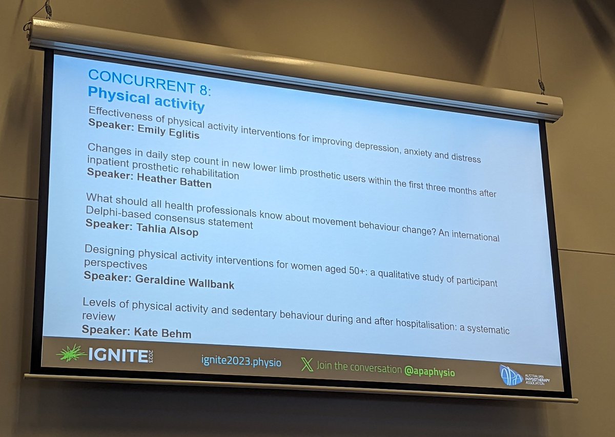 Excellent range of physical activity research in this session, reaching across the physio silos, including orthopaedics, community and hospital settings @apaphysio #IGNITE23 #IGNITE2023