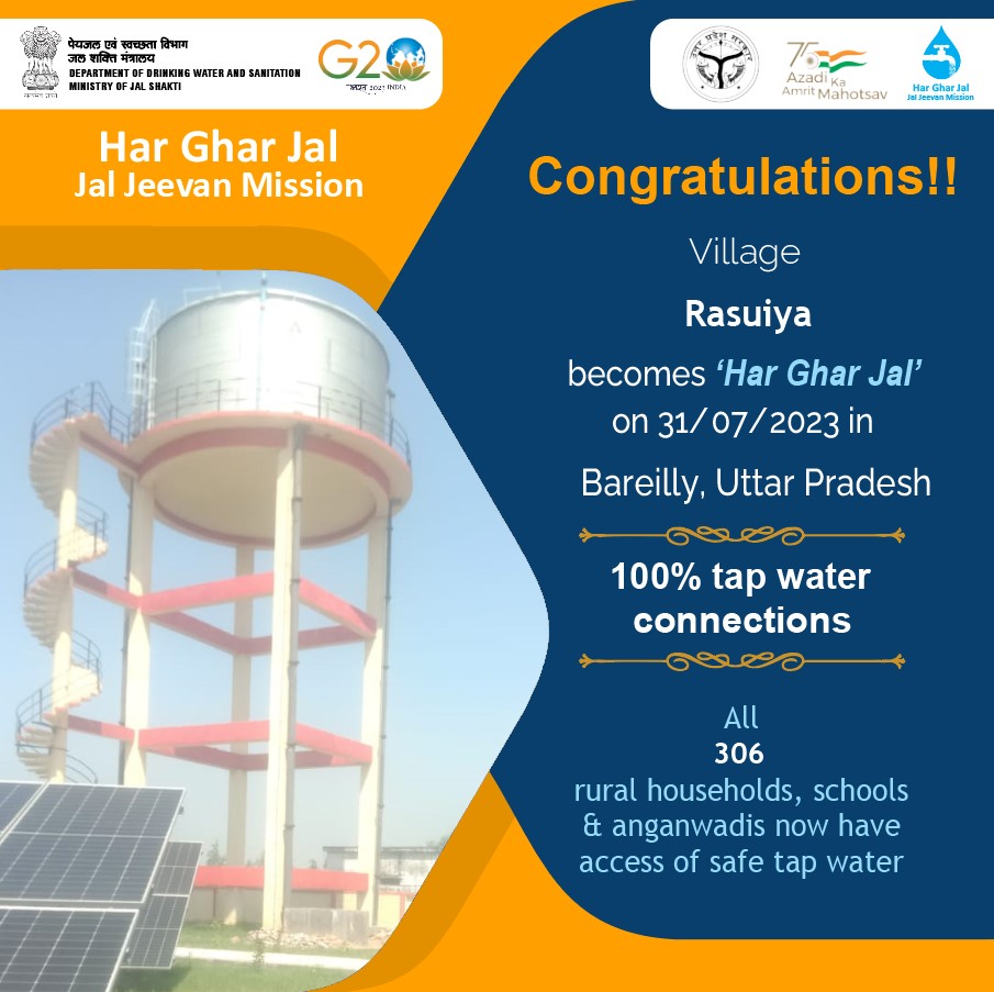 Congratulations to all the people of Rasuiya Village of Bareilly district, Uttar Pradesh State for becoming #HarGharJal with safe tap water to all 306 rural households, schools &amp; anganwadis under #JalJeevanMission as on 31/07/2023.