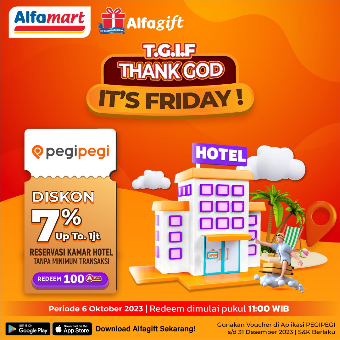 alfamart's tweet photo. Healing dulu yukk, mumpung ada Voucher Diskon up to Rp1.000.000
Dari #TGIFnyaAlfagift hari ini ada Voucher Gratis untuk Hotel & Sarana Transportasi dari #PegiPegi dengan cara Redeem A-Poin di Alfagift
Makanya, nantikan waktu redeem promonya mulai pkl 11.00 WIB siang ini ya. https://t.co/c0FU5qx5Qb