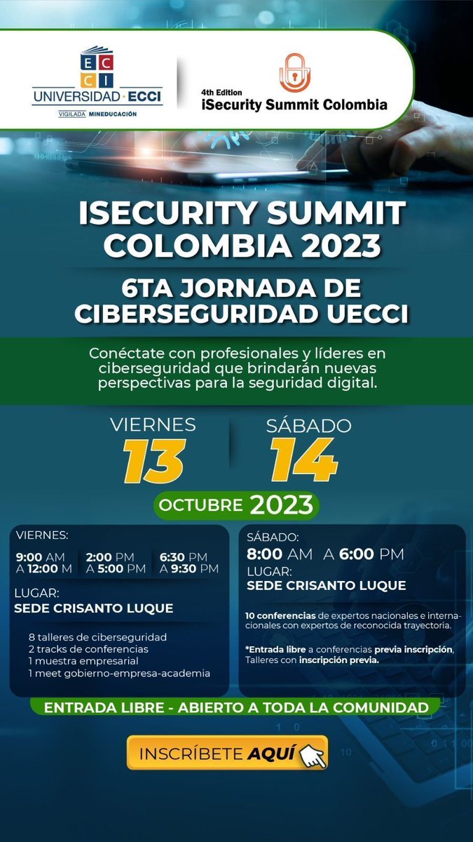 Apreciados egresados y estudiantes, la Facultad de Ingeniaría  de la UECCI los invita a ISECURITY SUMMIT COLOMBIA 2023 - 6ta Jornada de Ciberseguridad UECCI, puedes inscribirte en 👉  buff.ly/45kguaZ

Los esperamos a tod@s!!!