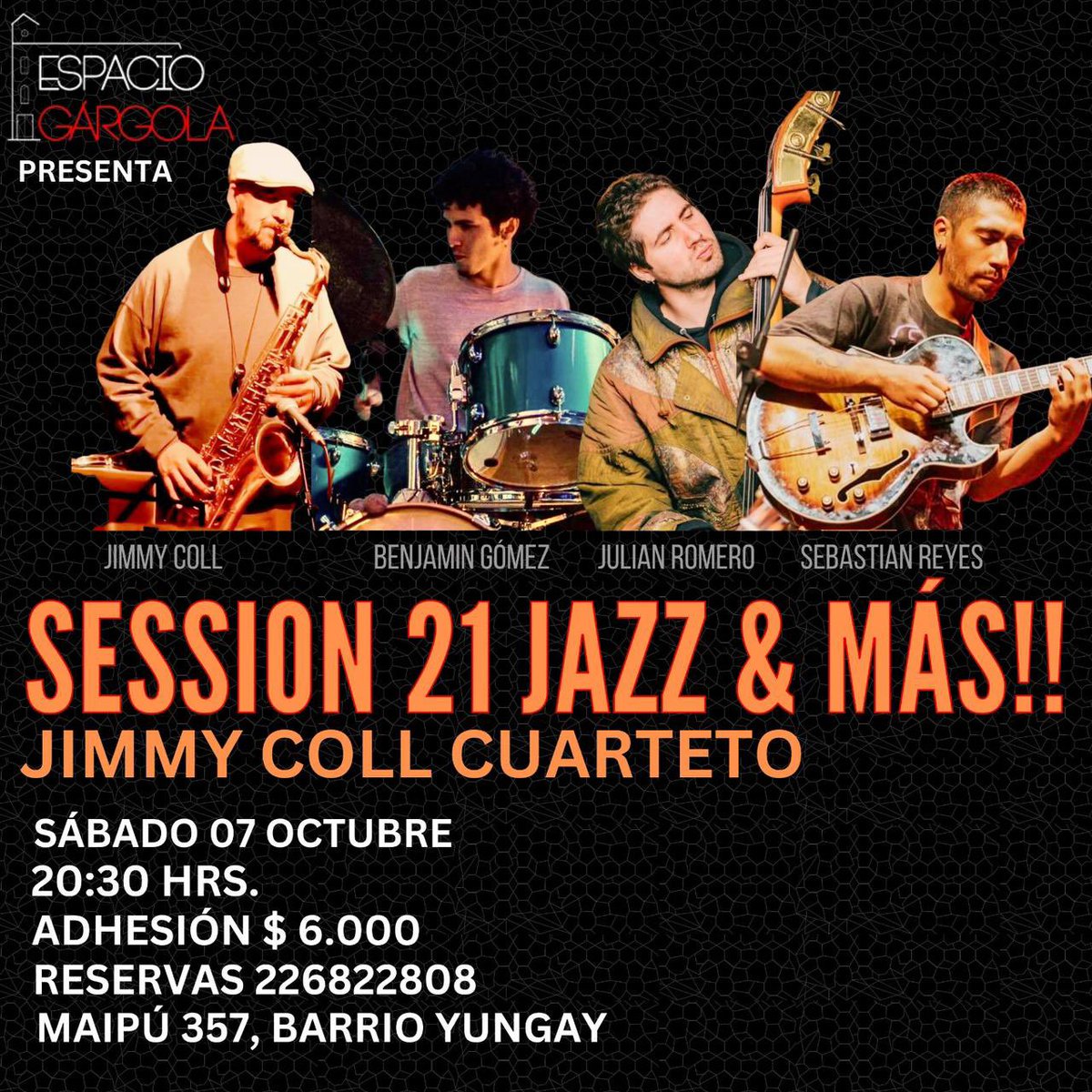 #Sábadosgargoleros con el gran #jimmycoll cuarteto
Sábado 07
20:30 
Maipu 357
#barrioyungay