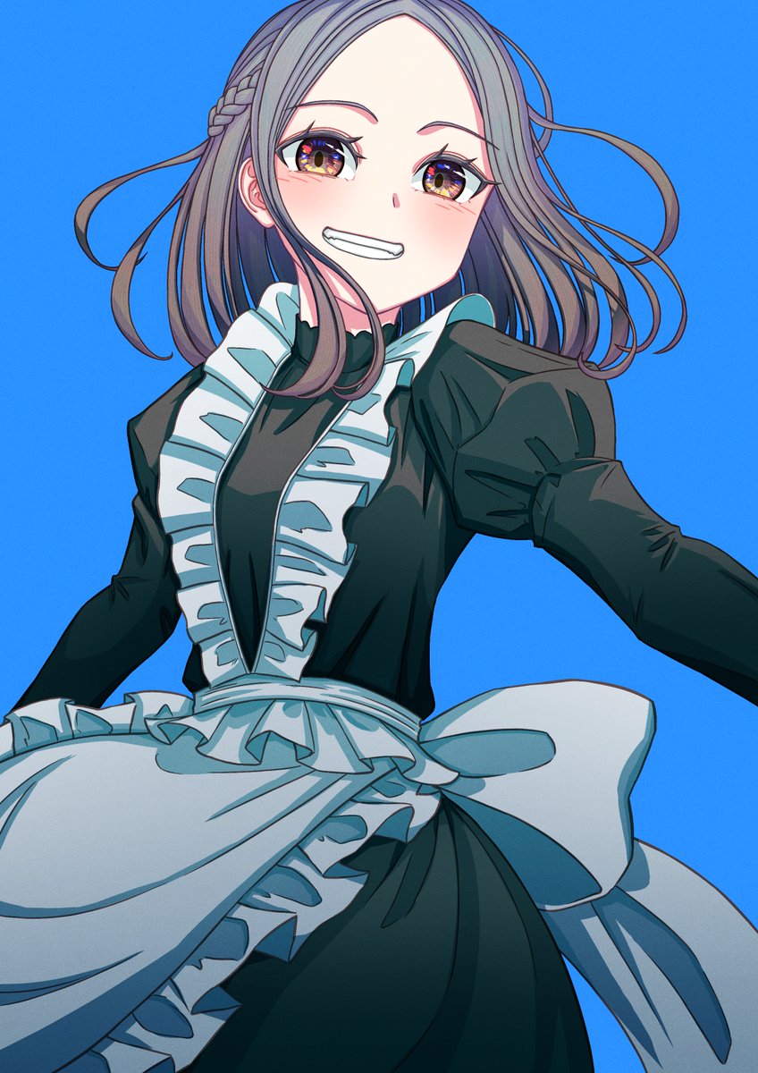 1girl solo apron smile maid simple background blue background  illustration images