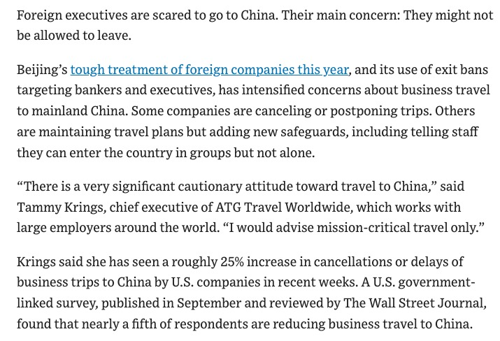 Foreign executives are scared to go to China. Their main concern: They might not be allowed to leave. With @ChipCutter @yuenok: wsj.com/business/china…