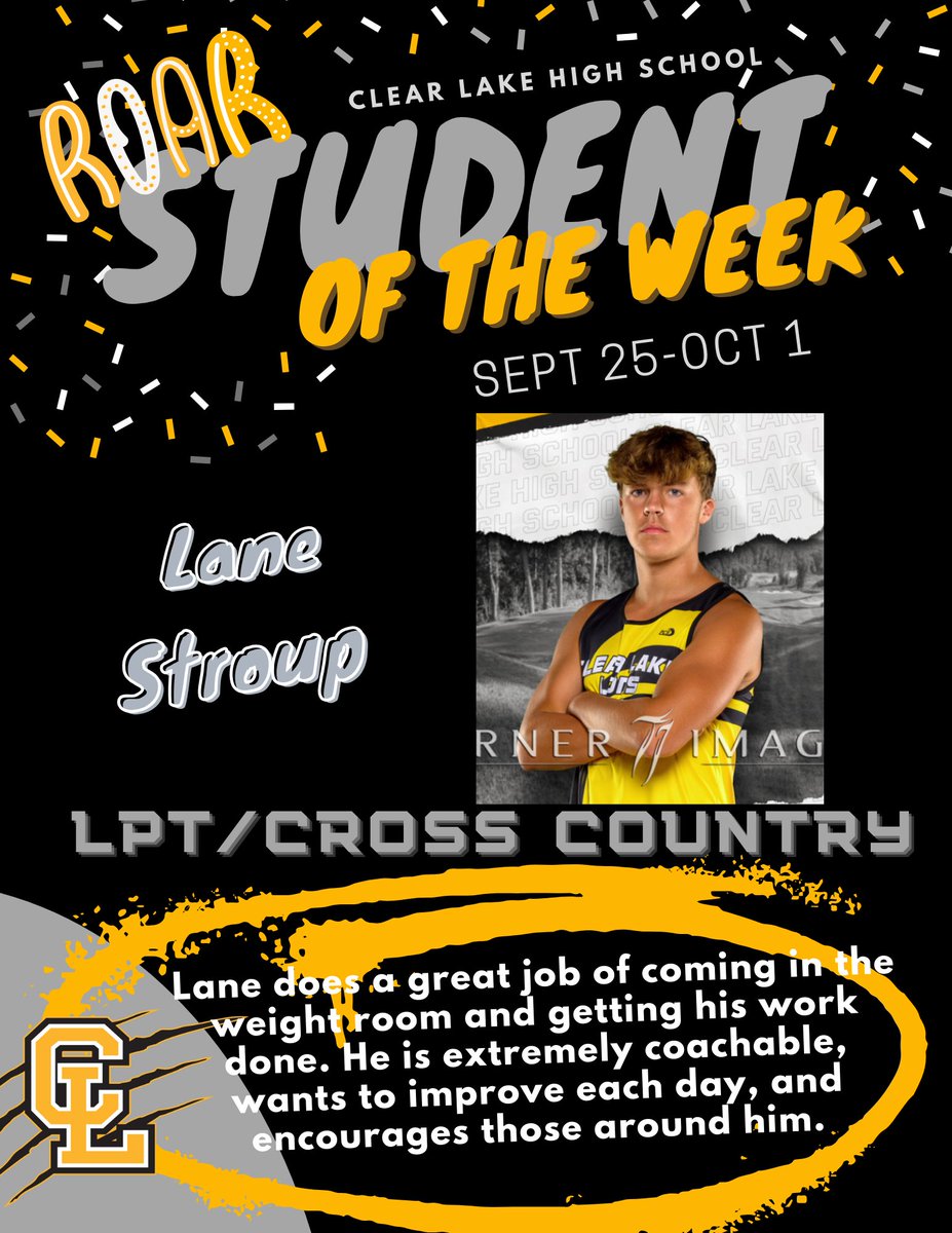 Our Week 6 ROAR Students of the Week are Lydia Brattrud &amp; Lane Stroup! Great job you two! #CLLionPride #LionROAR 🦁💛🖤 <a href="/ClearLakeXC/">Clear Lake Cross Country</a> <a href="/ClearLakeLPT/">Lion Performance Training</a>