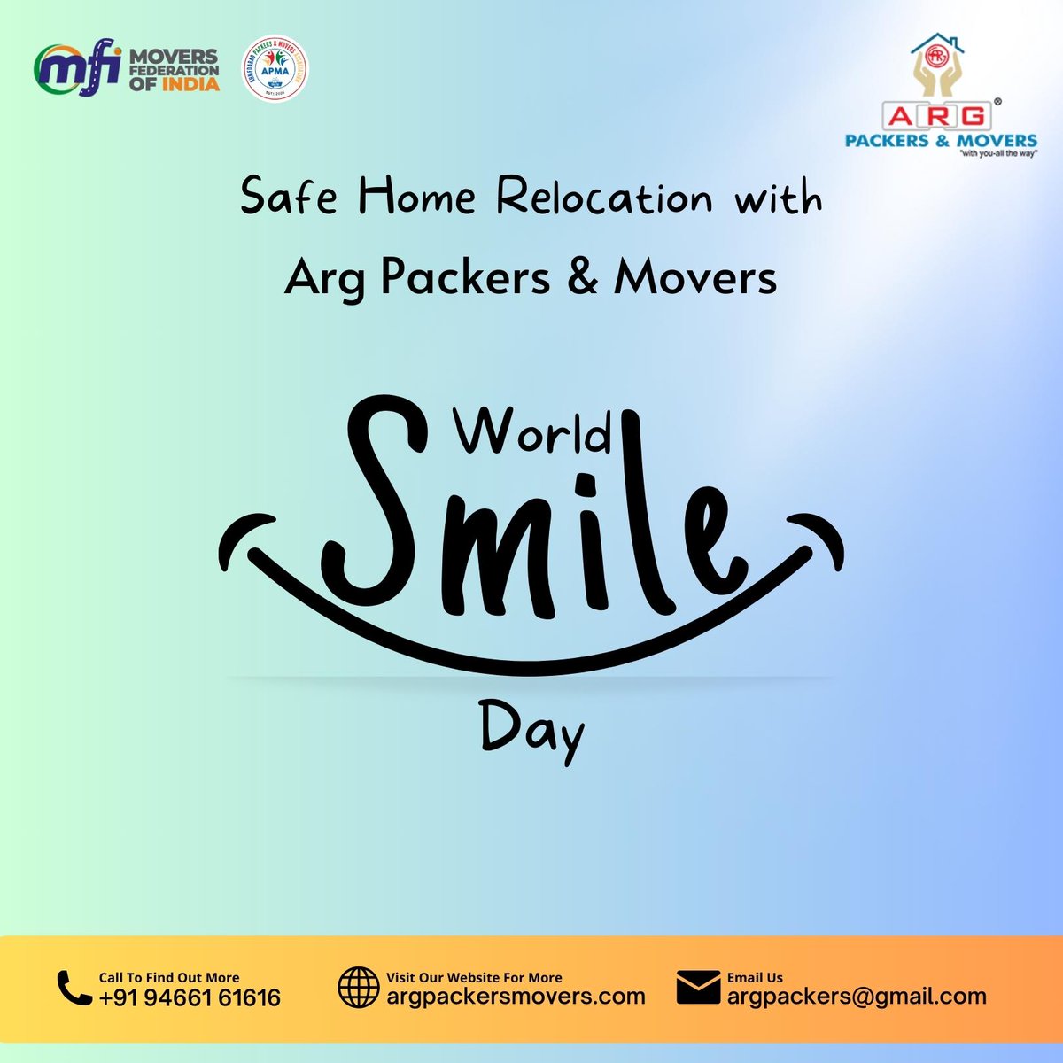 Make your move a happy one with Arg Packers and Movers on World Smile Day! Trust us for safe, stress-free home relocation and keep smiling. 😊

#WorldSmileDay #MoveWithAssurance #VehicleRelocation #ARGPackers #SafeMoving