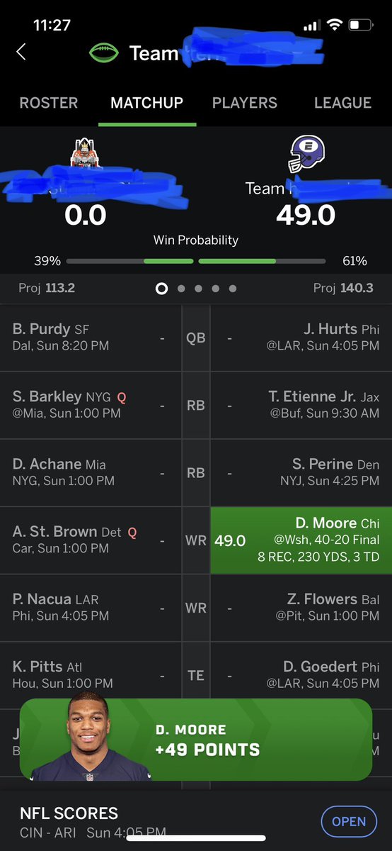politicalchicky's tweet image. Thank you, Bears! Thank you, DJ Moore! #49points #fantasy #CHIvsWAS