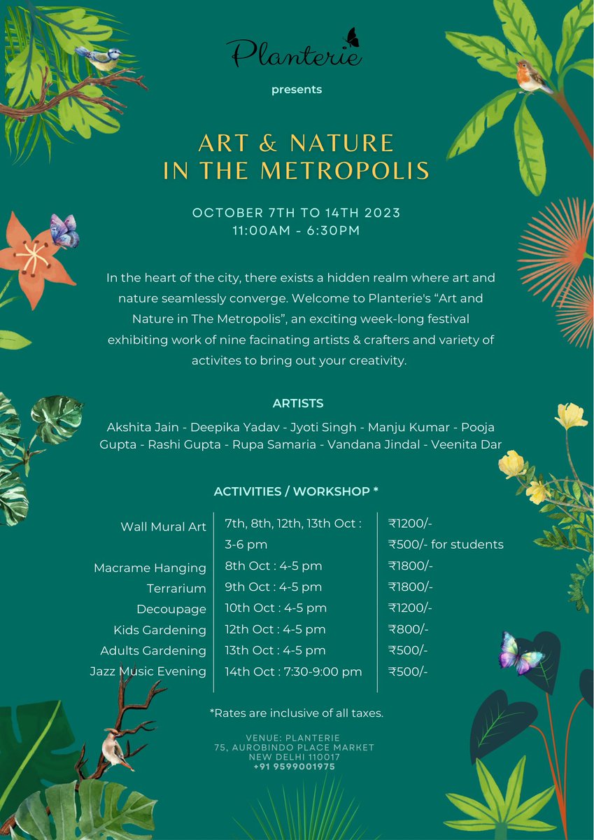 Planterie_in's tweet photo. Join us at Planterie for an exciting week of Art &amp; Nature in the Metropolis. A week long celebration with art exhibition and workshops. 
#art #delhi #events #plants #workshops https://t.co/jheYzZBGxB