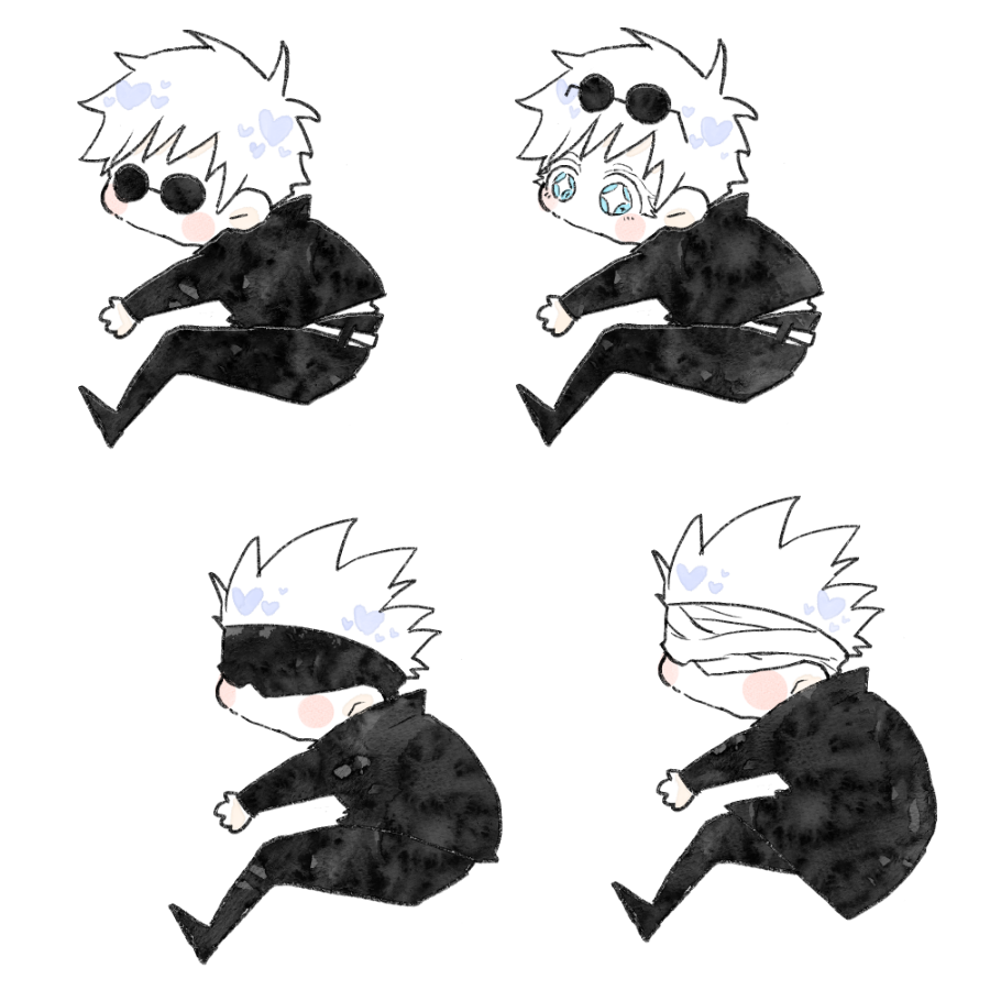 getou suguru ,gojou satoru white hair multiple boys sunglasses chibi black hair pants black pants  illustration images