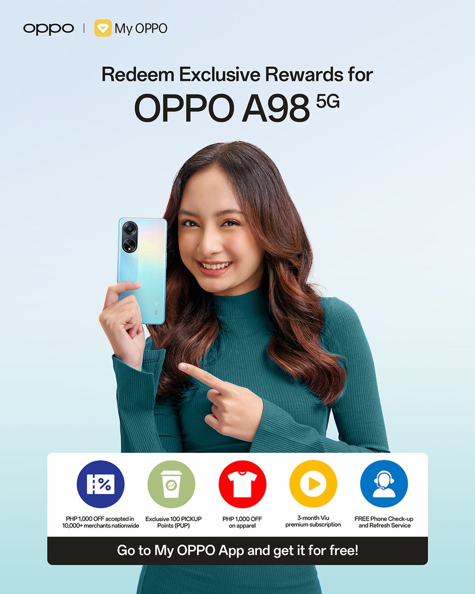OPPOPhilippines's tweet photo. Check out our #DesignedtobePowerful rewards exclusively for OPPO A98 5G users! Enjoy premium streaming subscriptions, shopping vouchers, and special customer support services.
Redeem via My OPPO App now: https://t.co/uGmcgsQCXo
#DesignedToBePowerful #OPPOA985G #OPPOPH https://t.co/rx5vxk4xS1