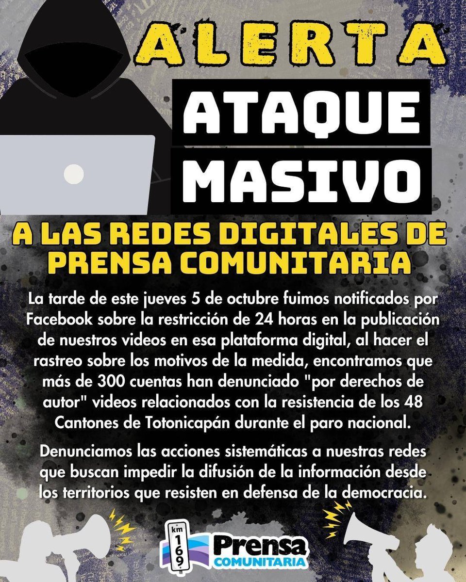 PrensaComunitar's tweet photo. #LibertadDeExpresión 📣 Limitan trabajo de Prensa Comunitaria 

👉🏼Este jueves, la cuenta de Facebook de Prensa Comunitaria recibió una restricción de 24 horas en la publicación de videos relacionados con las manifestaciones pacíficas. https://t.co/javugd2b8m