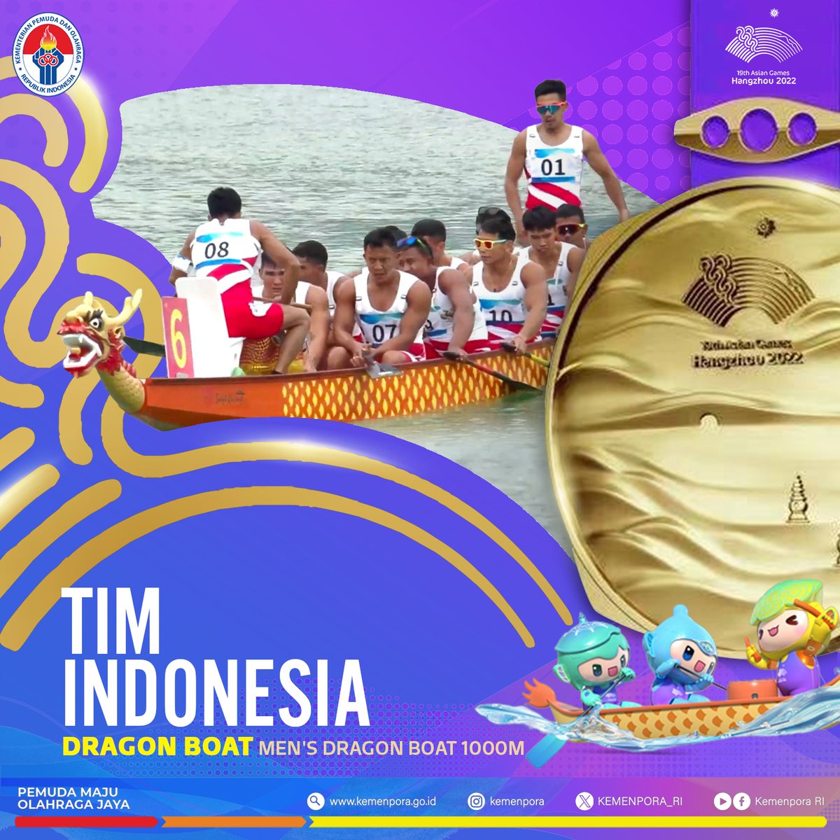 KEMENPORA_RI's tweet photo. 🥇🇮🇩 MEDALI EMAS KE-7 UNTUK INDONESIA!!

Maizir Riyondra &amp; Tim berhasil mempersembahkan medali emas bagi Indonesia dari cabor Dragon Boat di nomor Men's Dragon Boat 1000m, setelah berhasil finish di posisi pertama dengan catatan waktu 4:31.135.
Selamat Tim Dragon Boat Putra! https://t.co/6GTNIyvcWs