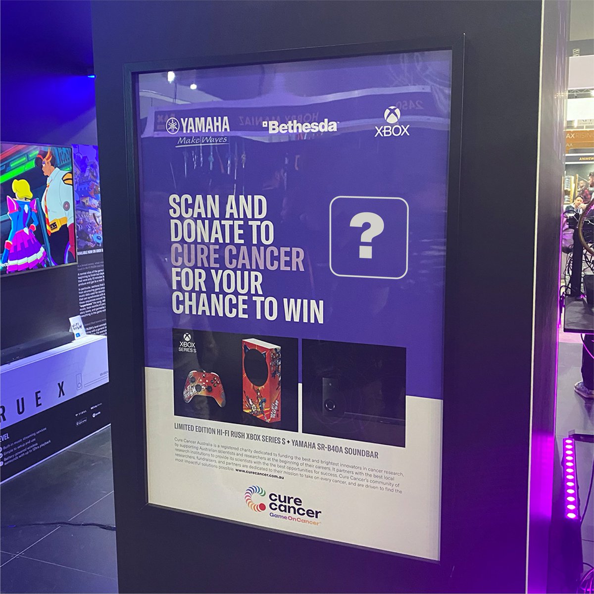Head on over to the @yamahamusicau booth at #PAXAus, scan the QR Code and make a donation to <a href="/CureCancerAu/">Cure Cancer</a>  for your chance to WIN a limited edition Hi-Fi Rush Xbox Series S + Yamaha SR-B40A Soundbar.