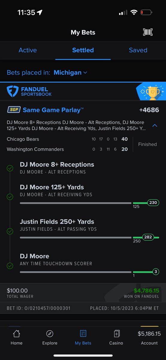 mritz97's tweet photo. Heating up last couple of weeks. Went a little rouge tonight on the bets, had a feeling DJ and Bears were in for big night. Shout out to @propsdotcash , @PropBetGuy, @ProptheMic  &amp; @ThePropfessor_ you guys don’t know me but you are quickly moving up my friend totem pole lol. https://t.co/EguREVajmF