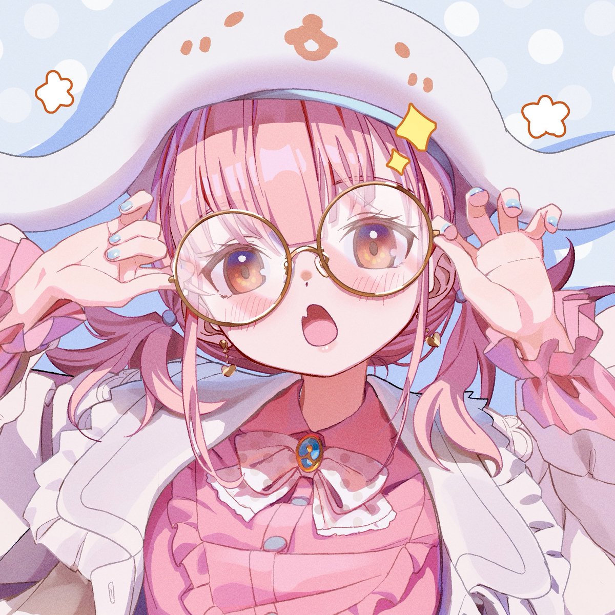 1girl solo round eyewear glasses twintails pink hair blue nails  illustration images