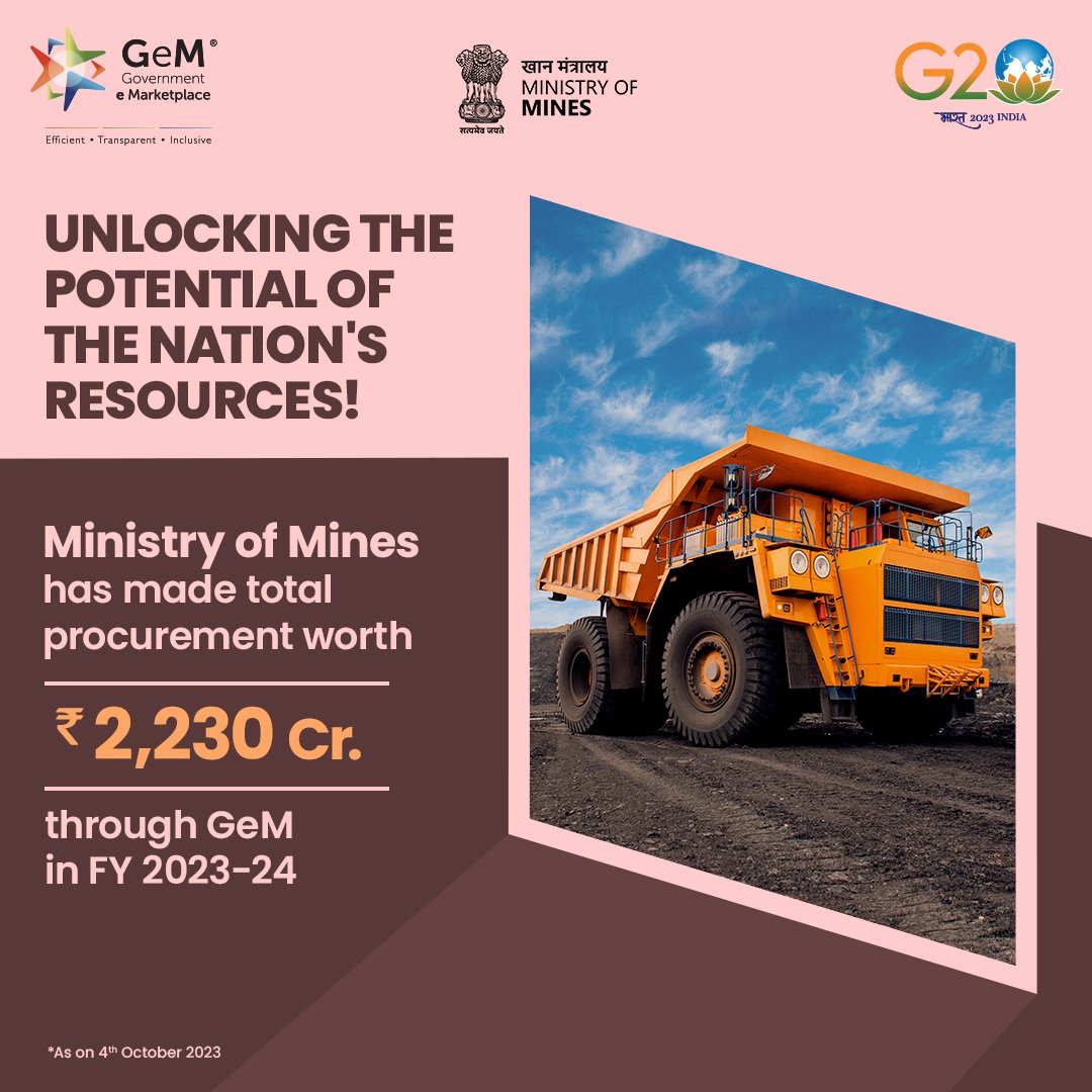 GeM_India's tweet photo. Ministry of Mines continues its upward trajectory in procurement! With a notable surge, they've procured goods &amp; services worth ₹2,230 Crore through #GeM. Anticipating increased purchases from the Ministry this FY!

@MinesMinIndia https://t.co/TBNyB6bJ0M