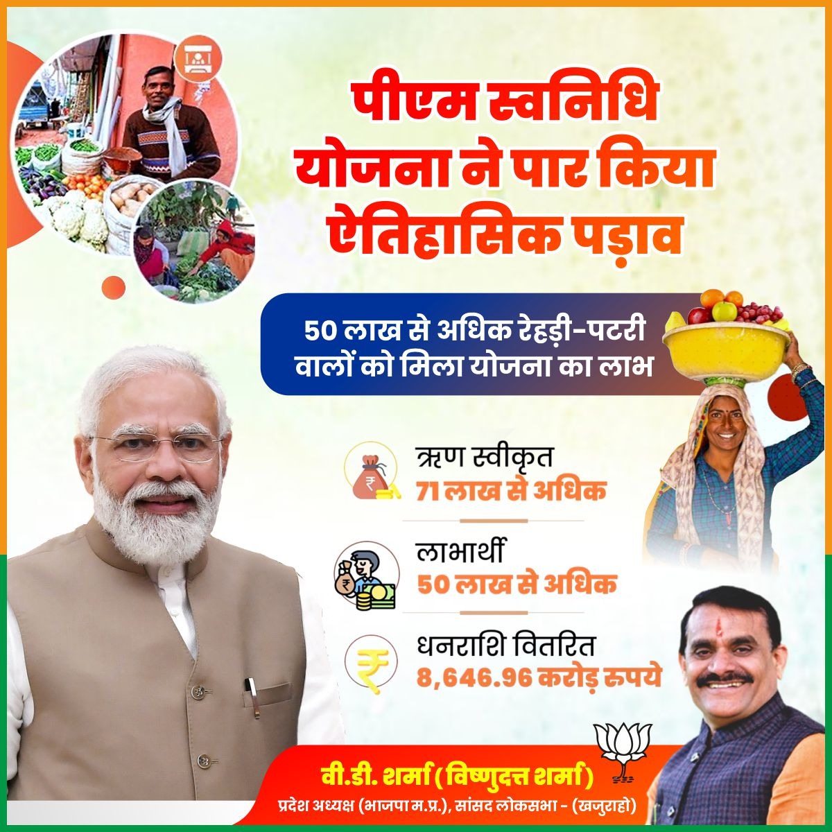 vdsharmabjp's tweet photo. रेहड़ी-पटरी विक्रेताओं को आत्मनिर्भर बनाने की दिशा में मोदी सरकार ने प्राप्त की ऐतिहासिक उपलब्धि।

पीएम स्वनिधि योजना के अंतर्गत 50 लाख से अधिक रेहड़ी-पटरी वालों को मिली आर्थिक सहायता। https://t.co/dBTP4qqAVK