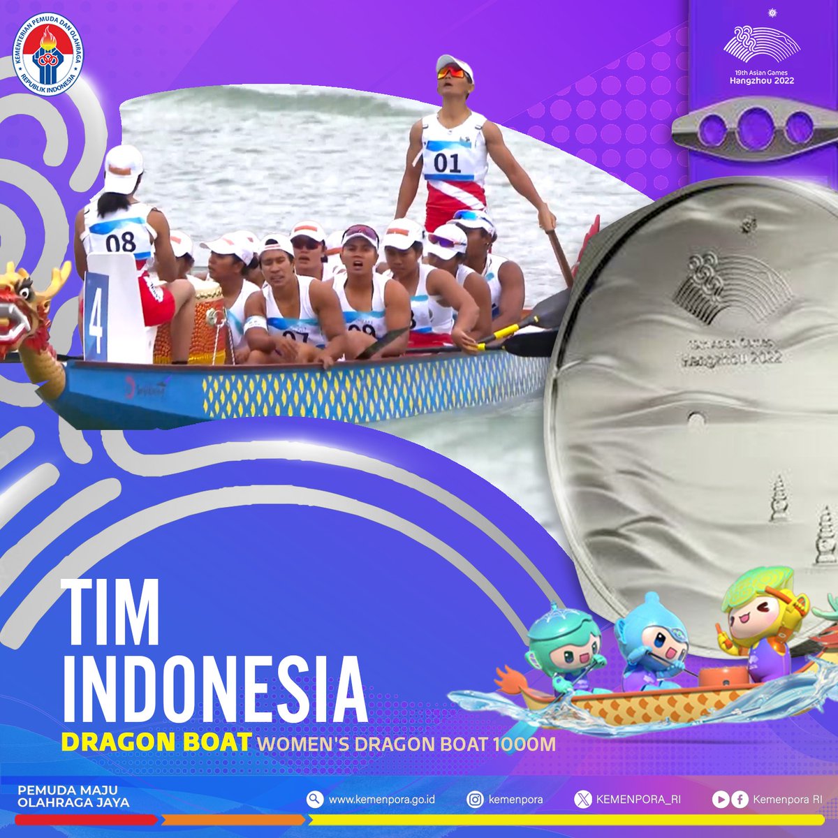 KEMENPORA_RI's tweet photo. MEDALI PERAK UNTUK INDONESIA!!

Raudani Fitra &amp; Team berhasil mempersembahkan medali perak bagi Indonesia pada ajang Asian Games 2022 Hangzhou, cabor Dragon Boat di nomor Women's Dragon Boat 1000m.
Selamat Tim Dragon Boat Putri Indonesia! 

#Kemenpora
#PemudaMajuOlahragaJaya https://t.co/GZUmuElVen