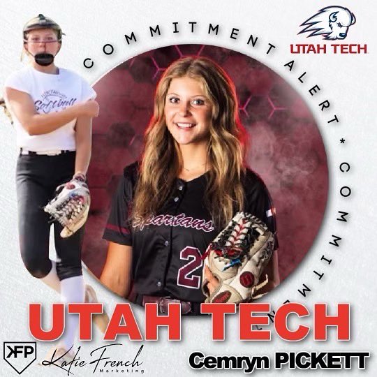 CemrynPickett's tweet photo. I am extremely excited and blessed to announce my verbal commitment to play D1 softball at Utah Tech University! Thank you God, family, friends, and coaches for helping me to accomplish my biggest goal. Thank you Coach Simkins and staff for this opportunity! GO TRAILBLAZERS❤️💙 https://t.co/sb0CD5KaqE