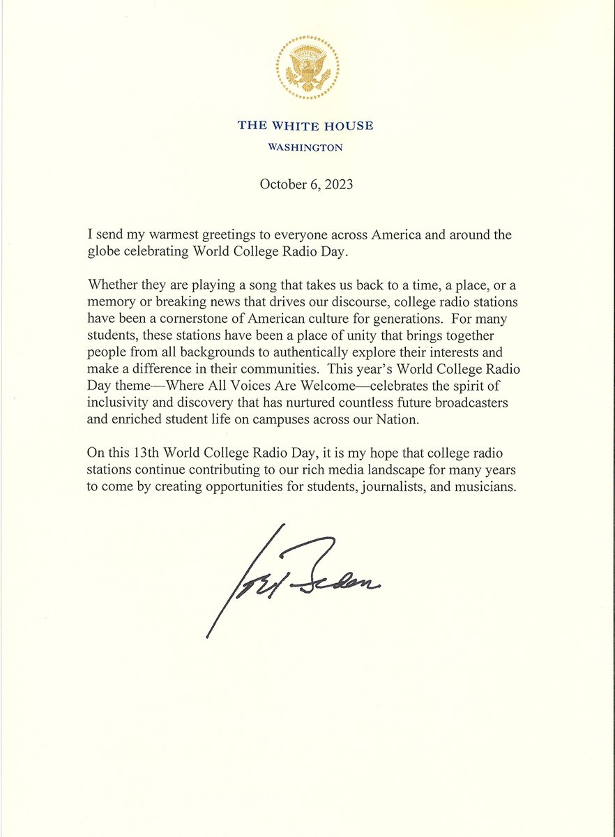 RobQuicke's tweet photo. Thanks to President Biden for his support of @wcrd_official @collegeradioday #worldcollegeradioday #wcrd23 https://t.co/TxaER90iJ1