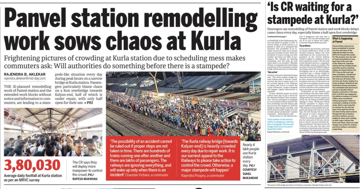 Frightening crowds at Kurla station bridges and harbour line due to ill-planned remodelling work of Panvel station following extended work blocks without notice and information to commuters is leading to a stampede-like situation every day during peak hour on the narrow bridges.