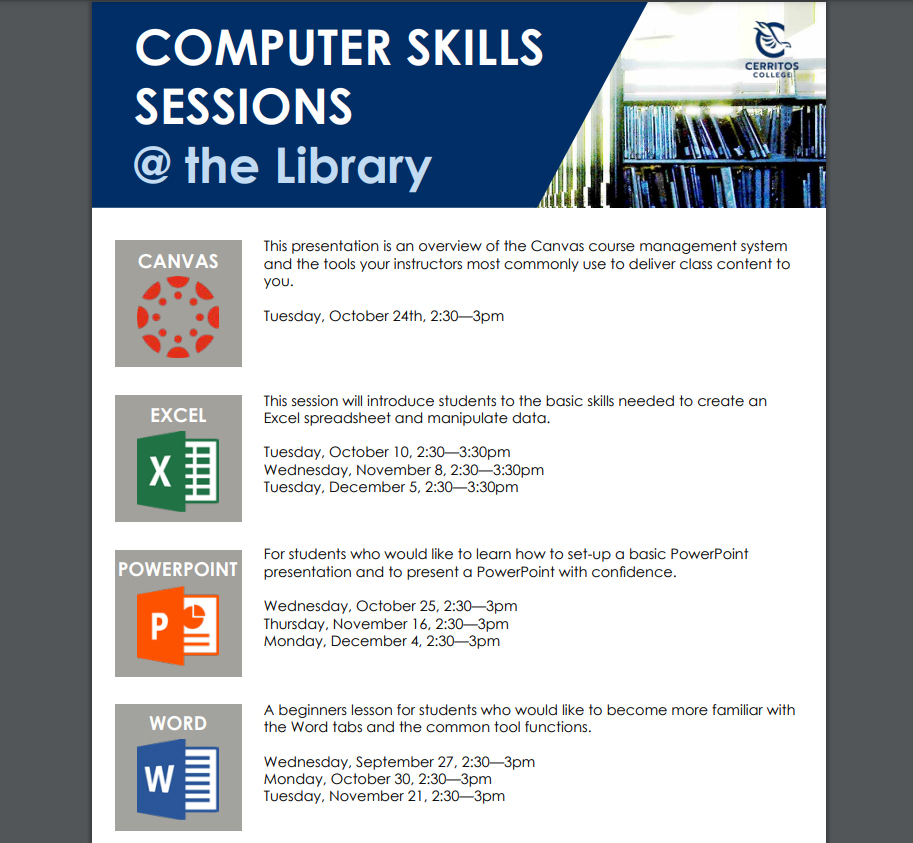 cerritoscollege's tweet image. Learn basic computer skills! Our library computer lab offers various software skills workshops! Register in advance. Call (562) 860-2451 x2184 or at the computer lab desk in LC-62 in person.  Check out the flyer in our bio. #computerskills #studentsuccess