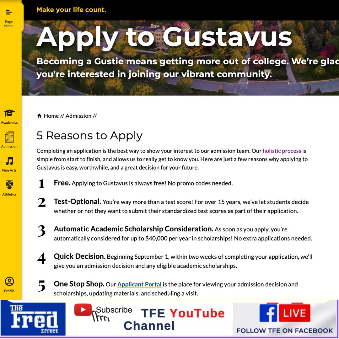 MrPhr3d's tweet image. Up To $40,000 Scholarships. NO Application Fee, Test Optional. Apply Today. Gustavus Adolphus College is located in Minnesota, USA. Lemme know in the comment if you need help to apply. #TheFredEffect
